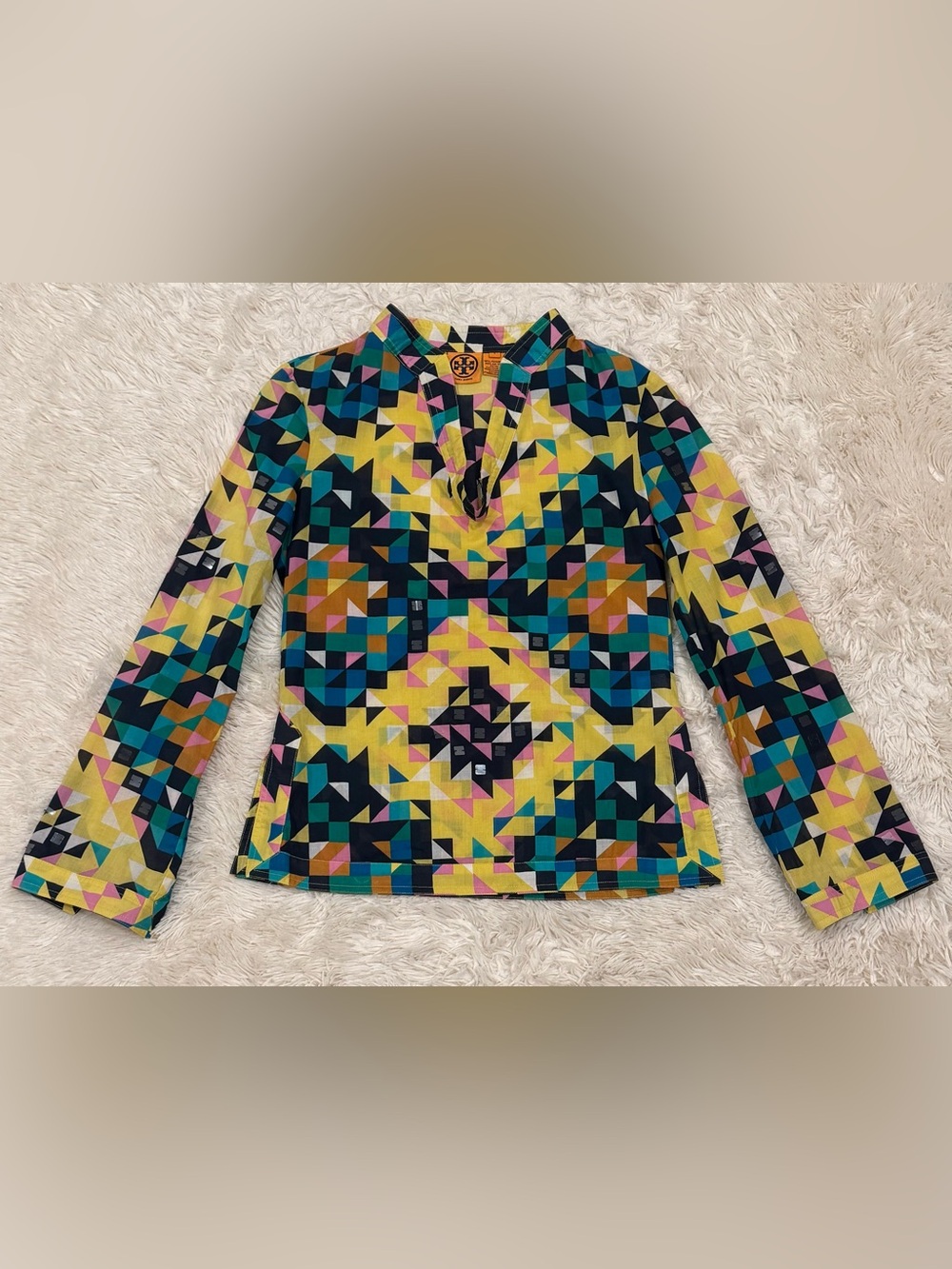 Tory Burch Stephanie Tunic Top 2 Geometric Sequin Cotton Long Sleeve Boho Blouse